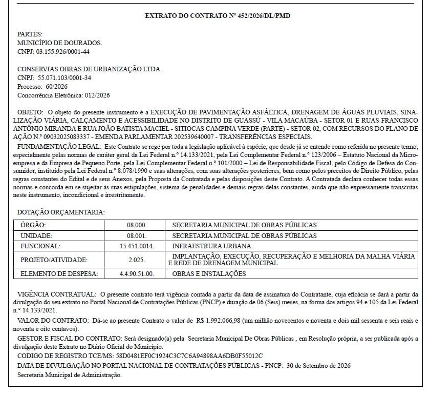 Dourados assina contrato de R$ 1,99 milhão para asfalto e drenagem em Guassú