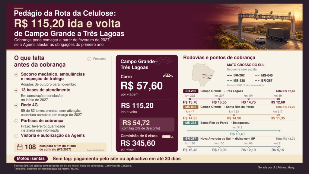 Pedágio da Rota da Celulose: ida e volta entre Campo Grande e Três Lagoas custará R$ 115,20 a partir de 2027