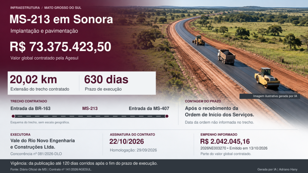 Estado contrata pavimentação de 20 km da MS-213 em Sonora por R$ 73,3 milhões