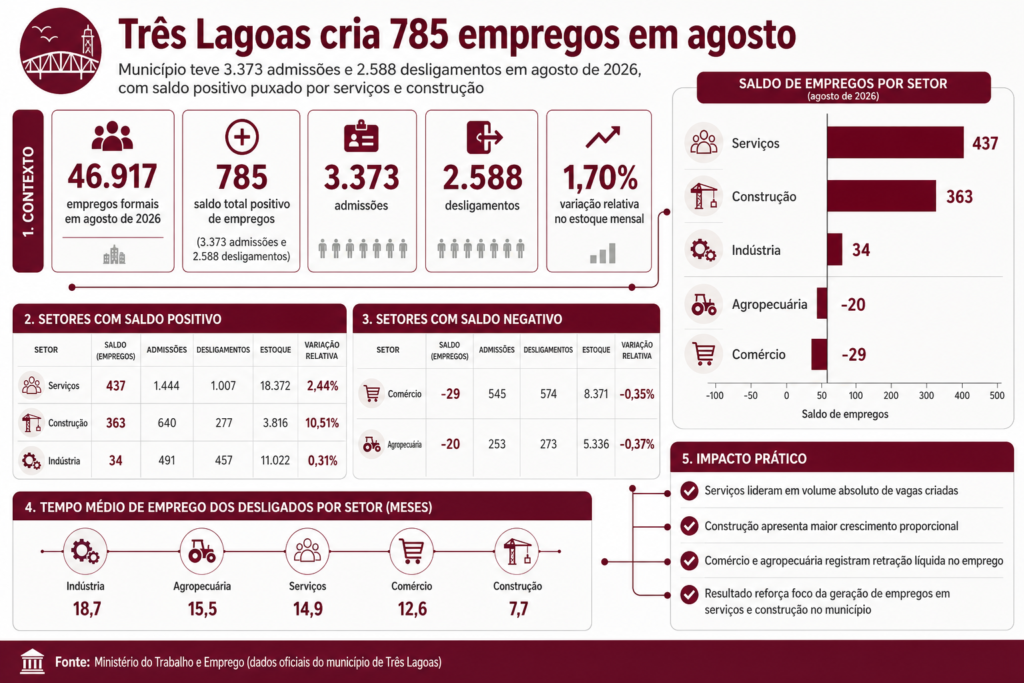 Três Lagoas registra 785 vagas formais em agosto e lidera geração de empregos no MS