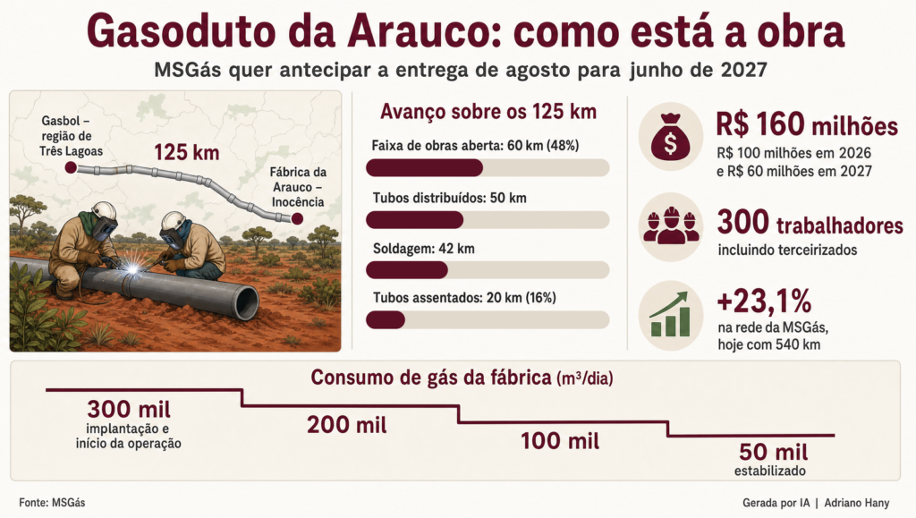 MSGás pretende concluir gasoduto da Arauco em junho de 2027, adiantando prazo contratual